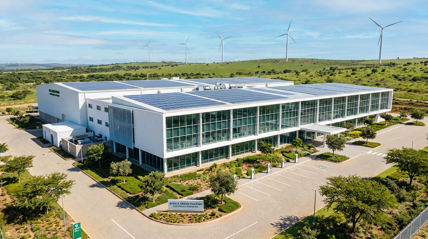 Green Pharmaceutical Factory with Solar Panels and Wind Turbines